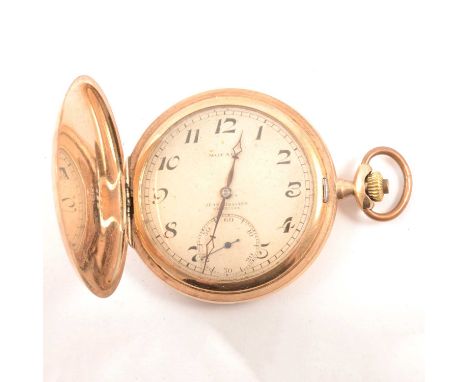 A Movado yellow metal full hunter pocket watch, the off white enamel dial also named Jean Missiaen Bruxelles covered by a gla