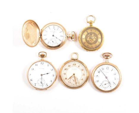 A yellow metal full hunter pocket watch and four gold-plated pocket watches, a yellow metal full hunter pocket watch, the 32m