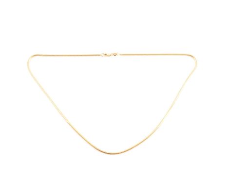 A yellow metal chain necklace, 2mm snake link, 45cm long, marked 750, 14g.