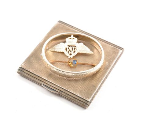 A silver cigarette case, engine turned design, 8.5cm square, Birmingham 1936, 3.7oz; a silver 10mm wide half hinged bangle, s