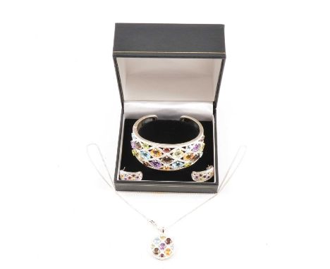 A multi gem pendant, earrings and hinged bangle suite, to include citrine, blue topaz, smoky quartz, peridot and garnet, all 