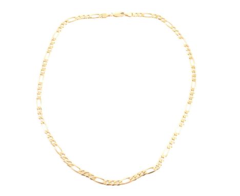 A yellow metal 4.7mm gauge Figaro, fetter and three link chain, marked 375, lobster claw clasp, 44cm, 12.3g.