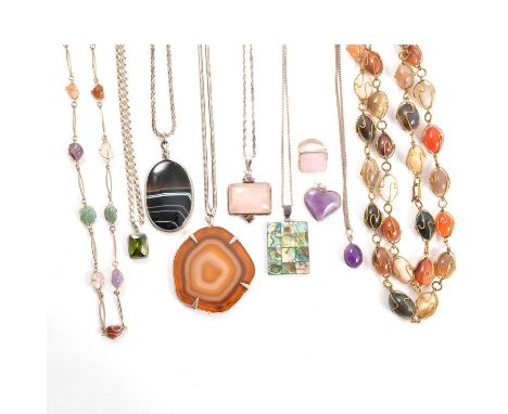 Banded agate, mother-of-pearl and other gemset pendants, white metal chains, necklaces and a ring, two banded agate slice pen