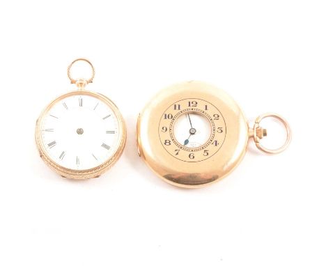 A 9 carat yellow gold half hunter pocket watch and a 9 carat yellow gold pocket watch, a 9 carat yellow gold half hunter pock