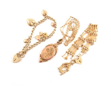 Two gold bracelets, a 9 carat yellow gold 6mm gauge solid curb link with padlock fastener, seven heart charms attached, 20.6g