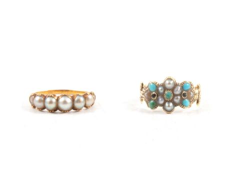 Two pearl set rings, five graduated pearls set in a yellow metal half hoop mount with closed back setting, ring size L, gross
