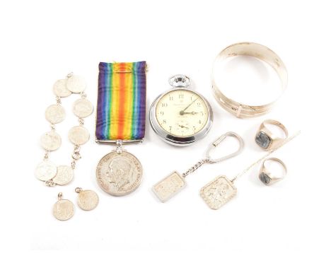 A British War Medal1914-1918 awarded to 45516 Pte. W Stephenson Suff.R; an Ingersoll Triumph pocket watch; two silver signet 