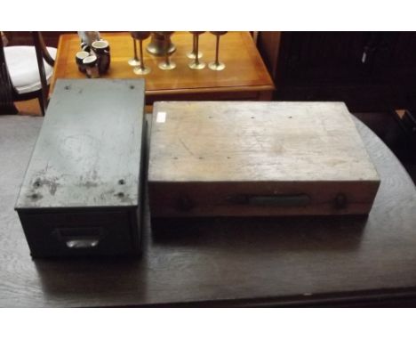 Wooden case together with a vintage filing cabinet 