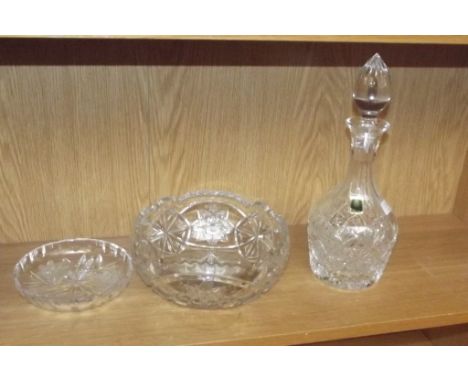 Crystal decanter and 2 crystal bowls
