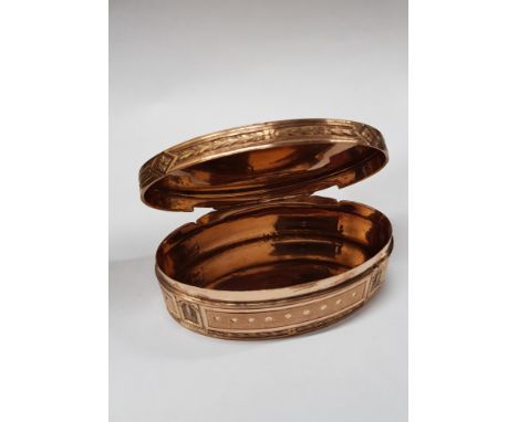 19TH CENTURY SWISS OVAL TRINKET BOX WITH ALL-OVER ENGINE TURNED DOT &amp; STRIPE WITH FOLIATE CHASED BANDED BOARDERS