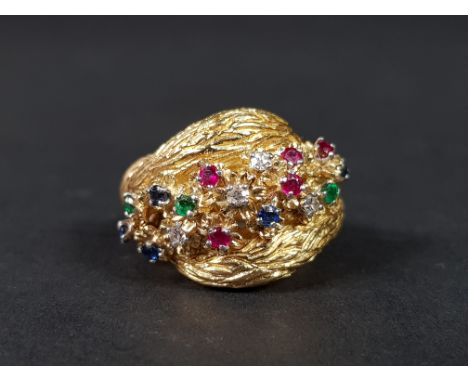 18CT GOLD MULTI GEM (RUBY, DIAMOND, EMERALD AND SAPPHIRE) RING 13.8G