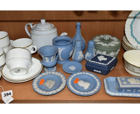 A COLLECTION OF WEDGWOOD AND MINTON TEA AND GIFT WARES, comprising twelve pieces of Wedgwood Jasperware include sage green an