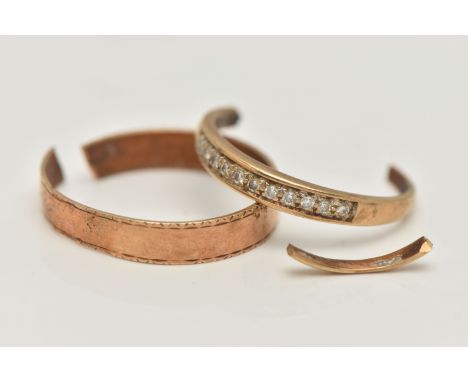 TWO BROKEN RINGS, the first a 9ct band ring, 9ct hallmark for London 1988, band split, the second set with eleven brilliant c