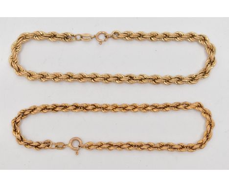 TWO 9CT GOLD ROPE TWIST BRACELETS, hollow bracelets, the first fitted with a spring clasp, hallmarked 9ct London import, leng
