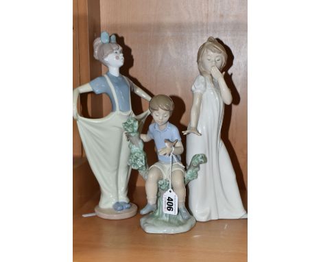 A GROUP OF THREE NAO FIGURES, comprising 'My Feathered Friend' model no 1353, 'Girl Yawning', height 29.5cm and 'Girl Clown',