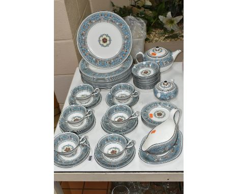 A FIFTY THREE PIECE WEDGWOOD 'FLORENTINE' (TURQUOISE) W2714 PART DINNER SERVICE, comprising a teapot, a covered sugar bowl, a