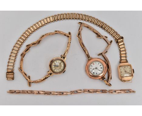 THREE LADIES EARLY TO MID 20TH CENTURY WRISTWATCHES, the first a manual wind, 9ct rose gold watch, round white Roman numeral 