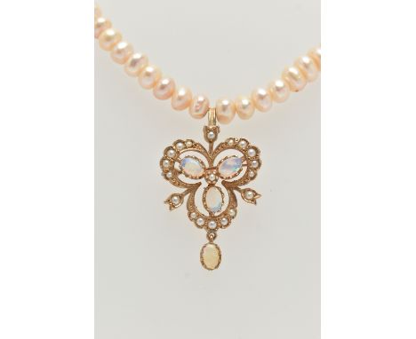 A FRESHWATER CULTURED PEARL NECKLACE WITH 9CT GOLD OPAL AND SPLIT PEARL PENDANT, designed as a trefoil shape 9ct pendant set 