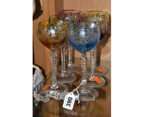 A SET OF SIX HOCK GLASSES AND A VILLEROY &amp; BOCH STOPPER, the hock glasses with coloured bowls in red, orange, blue, light