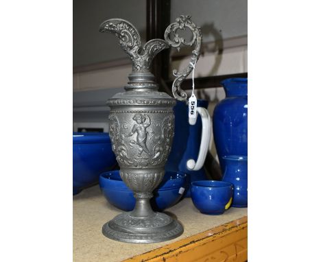 A GROUP OF BLUE GLAZED C.H. BRAMMAN WARE, comprising a large centrepiece bowl, diameter 41cm,  large pitcher (chipped and cra