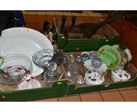 FOUR BOXES OF GLASS, CERAMICS AND SUNDRY ITEMS ETC, to include Royal Worcester size 5 tureens with covers, a cuckoo clock in 