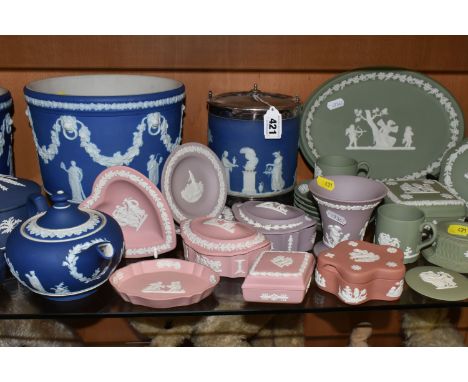 A LARGE QUANTITY OF WEDGWOOD JASPERWARE, comprising a small blue Jasperware teapot, two planters and a biscuit barrel (broken