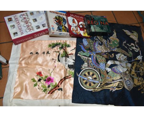 ONE BOX OF SUNDRIES, to include a Chinese silk embroidered  panel depicting a pair of cranes in a pine tree on an apricot col