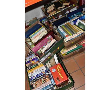 SEVEN BOXES OF ASSORTED VINTAGE BOOKS ETC, to include Bancroft Classics, various children's fiction including Enid Blyton, Re