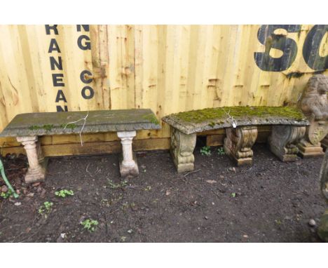 TWO SLIGHTLY DAMAGED WEATHER COMPOSITE GARDEN BENCHES the first is rectangular (122 by 40cm) with foliate detail to top edges