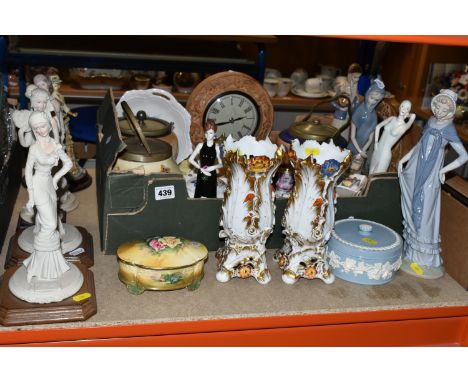 A BOX AND LOOSE DECORATIVE CERAMICS AND ORNAMENTS ETC, to include a Nao 290 figurine of a lady wearing a bonnet, Coalport Lad