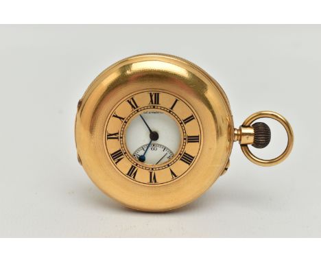 AN EARLY 20TH CENTURY 18CT GOLD HALF HUNTER POCKET WATCH, hand wound movement, round white dial, signed 'J.W. Benson London',