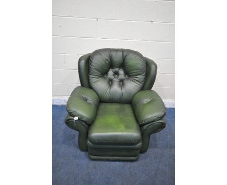 A GREEN LEATHER MANUAL RECLINING ARMCHAIR, width 103cm x depth 105cm x height 97cm (condition report: signs of wear and usage