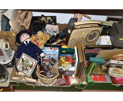 FIVE BOXES AND LOOSE MISCELLANEOUS SUNDRIES, to include a collection of vintage tins, a vintage Bush radio receiver type TR82