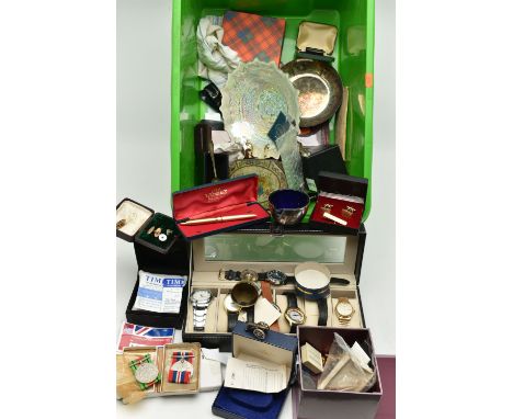 A BOX OF ASSORTED COSTUME JEWELLERY AND ITEMS, to include a boxed pair of WWII medals, unassigned, with box and medal informa