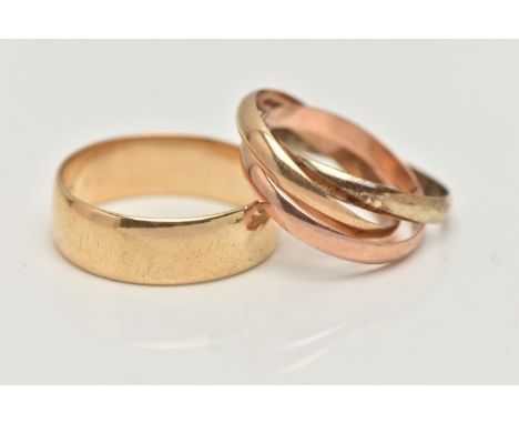 TWO 9CT GOLD RINGS, to include a tri-colour Russian wedding band, hallmarked 9ct Sheffield, ring size N, together with a wide