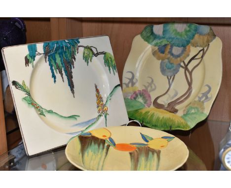 THREE CLARICE CLIFF DESIGN PLATES, comprising a Delicia tea plate in Citrus pattern, printed backstamp 'Delicia, hand painted