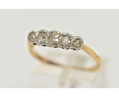 A YELLOW AND WHITE METAL DIAMOND FIVE STONE RING, set with five graduated old cut diamonds, estimated total diamond weight 0.