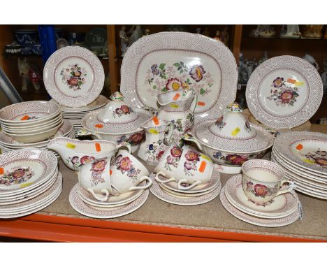 A MASON'S 'PAYNSLEY' PATTERN DINNER SET, comprising nine soup dishes, two covered tureens, gravy jug, water jug, milk jug, fi