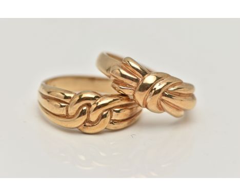 TWO 9CT GOLD RINGS, one in the form of a knot, hallmarked 9ct London, ring size leading edge O, the second in the form of a b