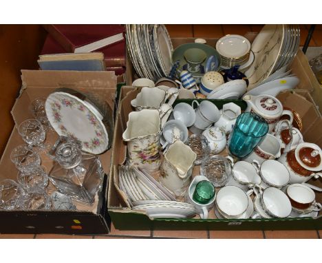 FOUR BOXES OF GLASS, CERAMICS AND BOOKS ETC, to include Royal Grafton and Royal Stafford tea wares, T.G Green Cornish Kitchen