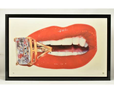 RORY HANCOCK (BRITISH 1987) 'ROCK CANDY', a signed limited edition print on canvas of a diamond ring in a mouth, 38/95 with c