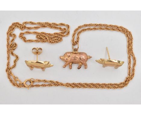 A 9CT GOLD PIG PENDANT A CHAIN AND EARRINGS, hollow textured pig charm/pendant, hallmarked 9ct Birmingham, suspended from a r
