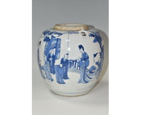 A 19TH CENTURY CHINESE PORCELAIN BLUE AND WHITE GINGER JAR WITH LEAF MARK TO BASE, decorated with a continuous band of figure