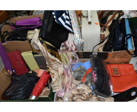 FOUR BOXES OF HANDBAGS, SCARVES AND GLOVES, to include two boxes of bags, brands to include Oasis and Jane Shilton, a small v