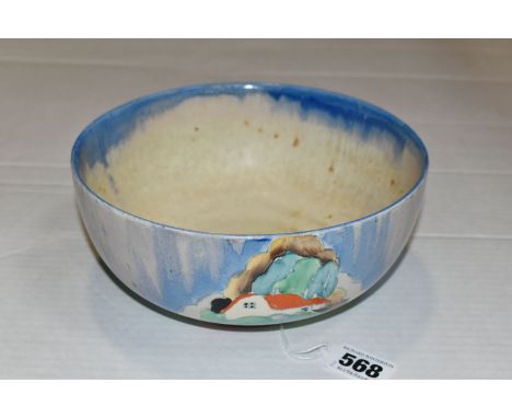 A CLARICE CLIFF BIZARRE NEWLYN PATTERN BOWL, the interior with streaked blue glaze rim and worn interior with brown stains, b