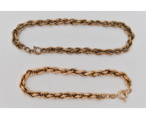 TWO ROPE TWIST BRACELETS, the first fitted with a spring clasp, hallmarked 9ct London import, length 180mm, approximate gross