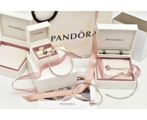 THREE PANDORA BRACELETS AND A SINGLE CHARM, three 'Pandora' snake charm bracelets, and a mother of pearl inlay charm, all wit