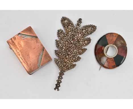 A CUT STEEL BROOCH, SCOTTISH BROOCH AND BRASS BOOK LIGHTER, a foliage design cut steel brooch, fitted with a C clasp, an oval