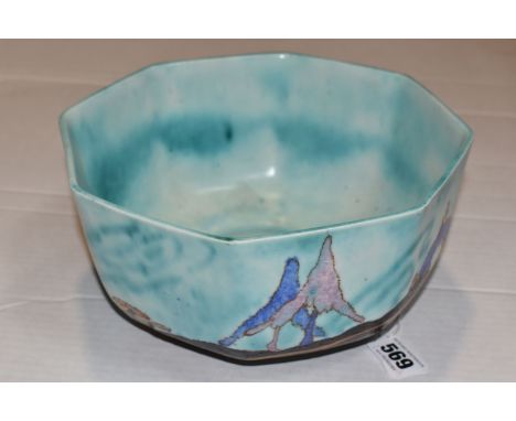 A CLARICE CLIFF INSPIRATION - CAPRICE BOWL, the octagonal bowl decorated with a stylised landscape on a turquoise ground, bea