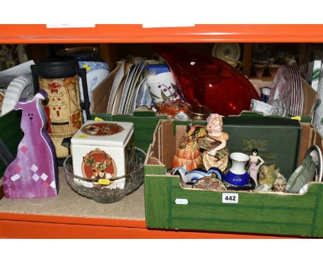 TWO BOXES AND LOOSE CERAMICS AND GLASS ETC, to include a Royal Worcester 'Hector' dog, five Spode 'Provincial Garden' dinner 